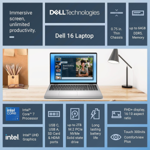 Alternative view of Dell 16 Laptop Computer, Intel Core 7 150U Processor, 16" FHD+ IPS Touchscreen Anti-Glare Display, 32GB DDR5 RAM, 1TB PCIe SSD, WiFi 6E, Bluetooth 5.3, Backlit Keyboard, Windows 11 Home